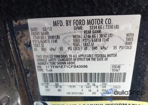 2012 Ford F-150 Xlt z USA, uszkodzony, nr VIN 1FTFW1ET1CFB43056